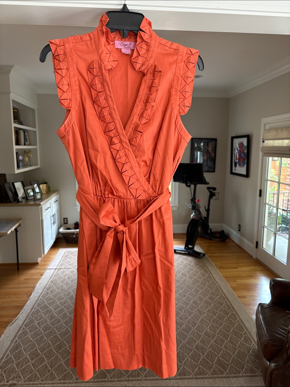 Sleeveless Orange Dress with Tie Waist and Side Zipper